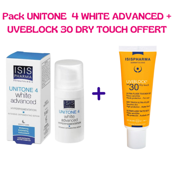 SISPHARMA Pack UNITONE 4 WHITE ADVANCED + UVEBLOCK 30 DRY TOUCH ET TROUSSE OFFERT